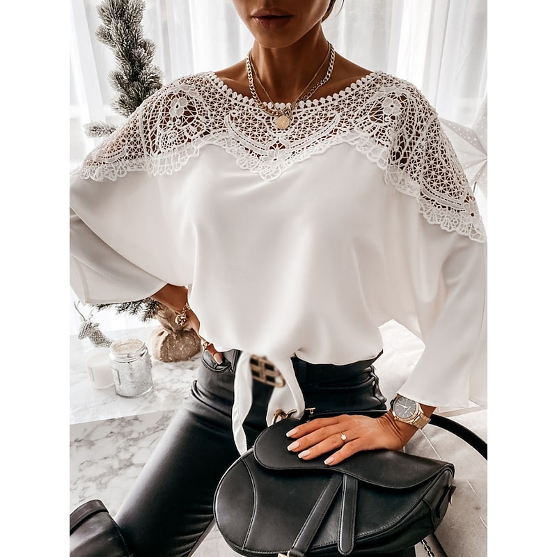 Women's Shirt Blouse Solid Color Basic Casual Long Sleeve Crew Neck Regular Tops Daily Lace Patchwork Black White Fall Winter