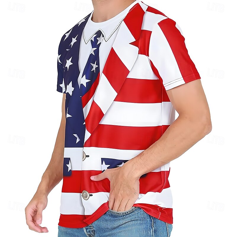 American Independence Day Men's American US Flag Tuxedo T Shirt Short Sleeve T shirt 3D Print Crew Neck Shirt Exaggerated Designer Party Holiday Club Blue Summer Spring Clothing Apparel S M L XL XXL4