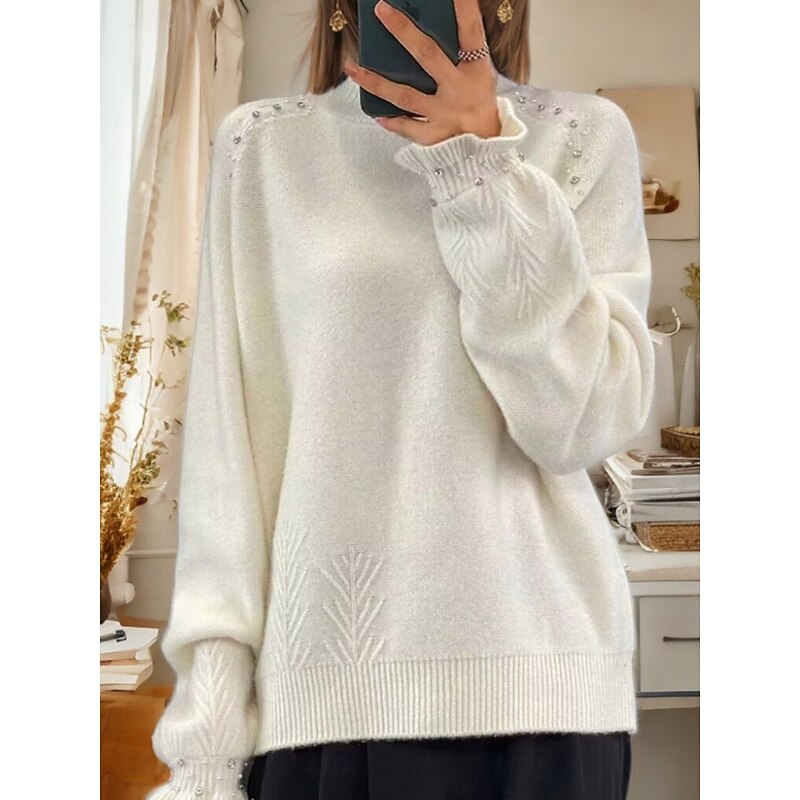 Women's Sweater Casual Soft Pure Color Ribbed Turtleneck Beaded Knitted Long Sleeve Regular Tops Knit Outdoor Daily Weekend Black White Fall Winter3