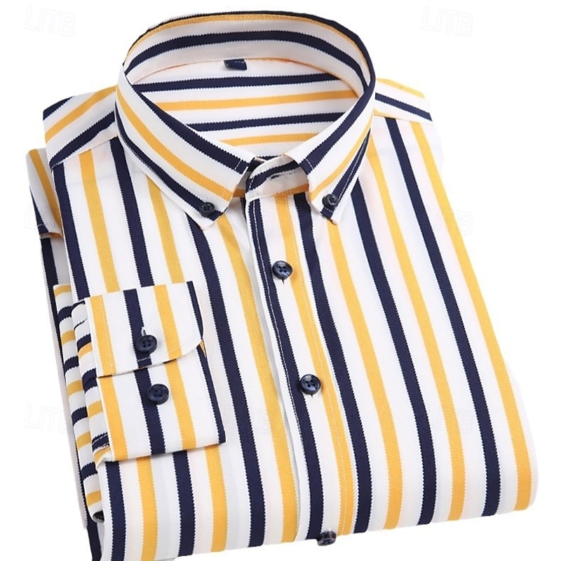 Men's Dress Shirt Striped Shirt Wrinkle Resistant Stretch Wedding Outdoor Light Blue Black Yellow Navy Blue Long Sleeve Collar Summer Spring Clothing Apparel2