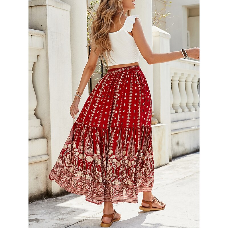 Women's Swing Bohemia Fashion Casual Maxi High Waist Skirts Graphic Print Micro-elastic Street Daily Red Blue Green Summer Rayon2