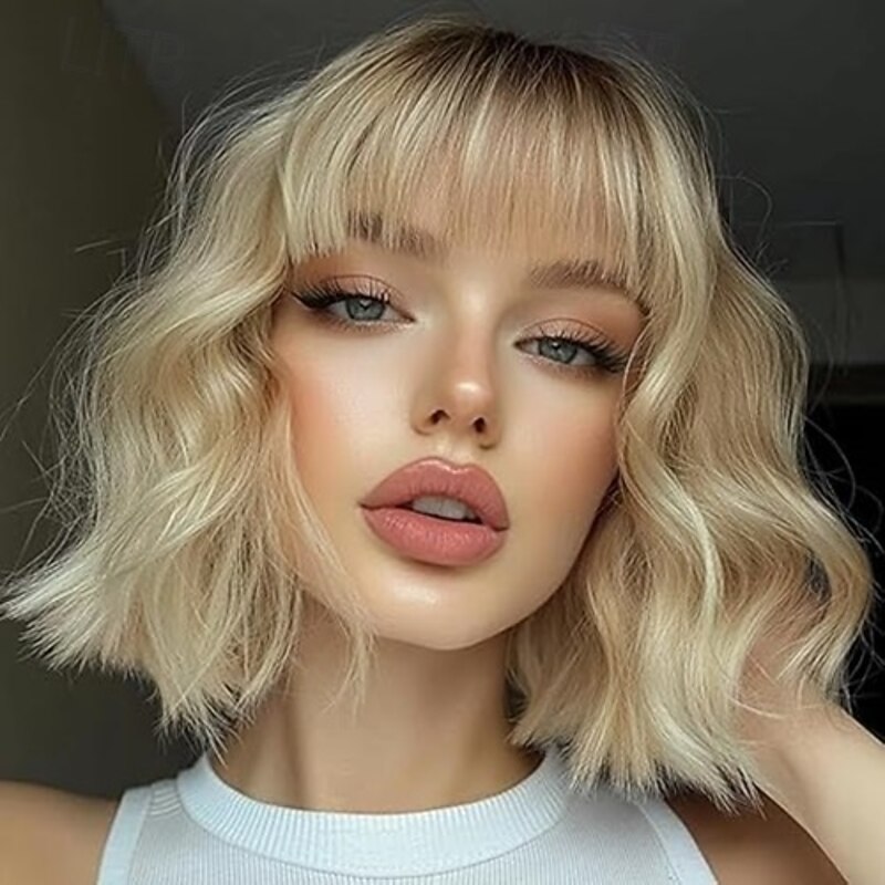 Short Wigs for Women Wavy Wig with Bangs Bob Wig Synthetic Hair Water Wave Medium Length Colorful Wigs for Daily Party4