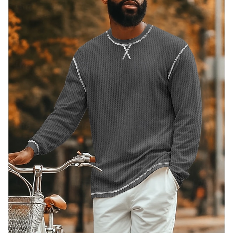 Men's Waffle Tee T Shirt Waffle Knit Tee Long Sleeve Crew Neck Summer Spring Fall Solid Color Knitwear Fashion Daily Color Block Formal Outdoor Home Black Green White Top Tee for Men2