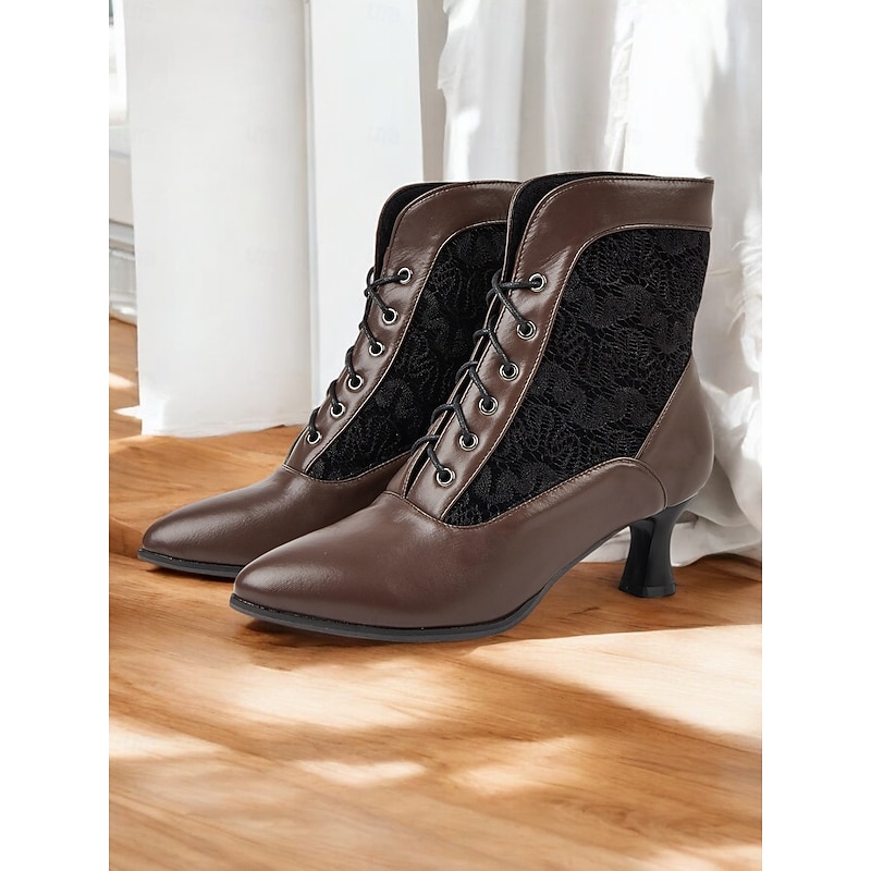 Women's Black Victorian Lace-Up Ankle Boots with Lace Panel and Kitten Heels - Elegant Vintage Style for Formal and Casual Occasions