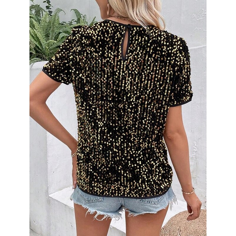 Women's Sequin Sparkly Party Glitter Plain Fashion Modern Casual Short Sleeve Crew Neck Regular Tops Daily Weekend Sequins Black Pink Gold Summer Spring3