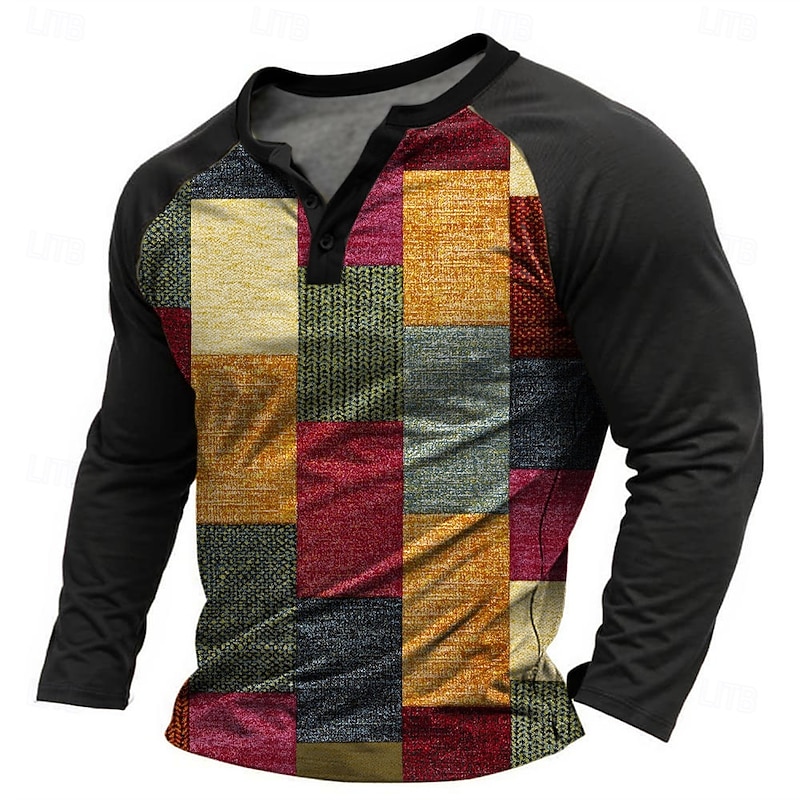 Men's Long Sleeve Henley Shirt, Patchwork Geometric Graphic Design, Casual Bohemian Button Neck Top