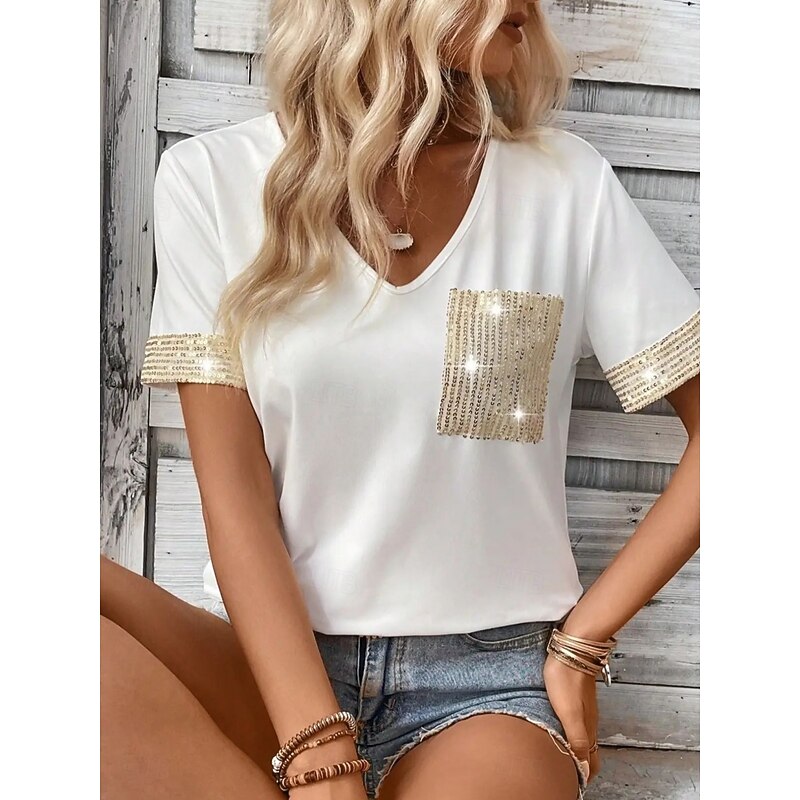 Women's Blouse Solid Color Basic Casual Short Sleeve V Neck Regular Tops Daily Sequins Patchwork Pocket Black White Summer Spring2