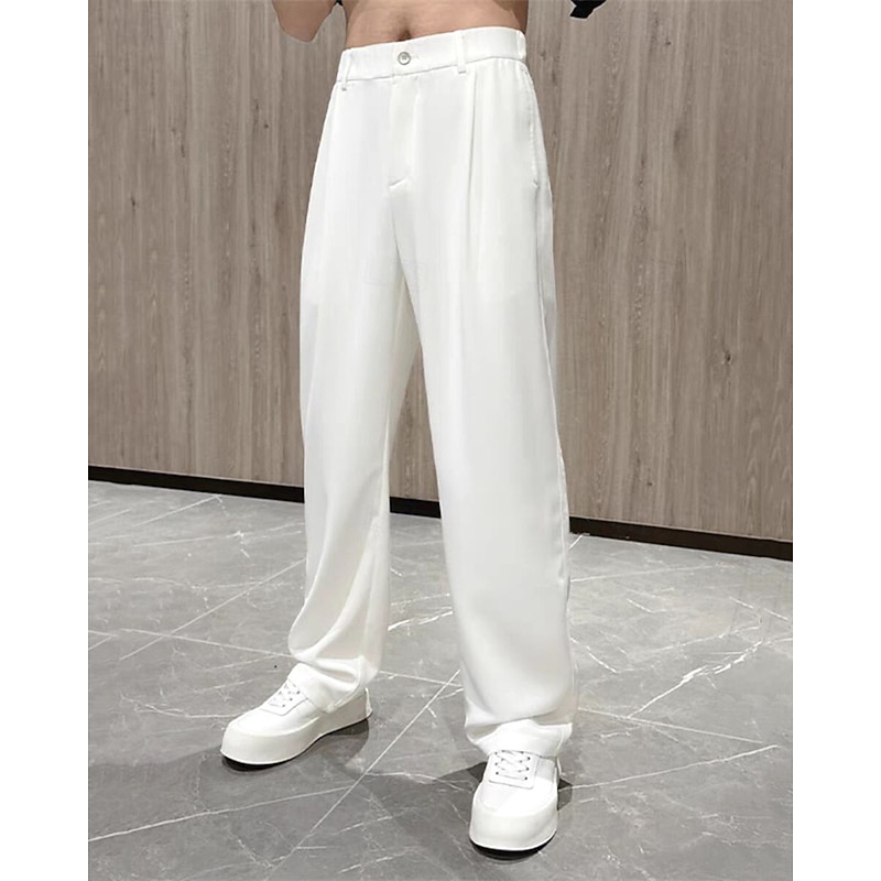 Men's Dress Pants Trousers Chinos Slacks Pleated Pants Buttons Pocket Straight Leg Plain Comfort Formal Party Work Fashion Classic Style Black White Micro-elastic