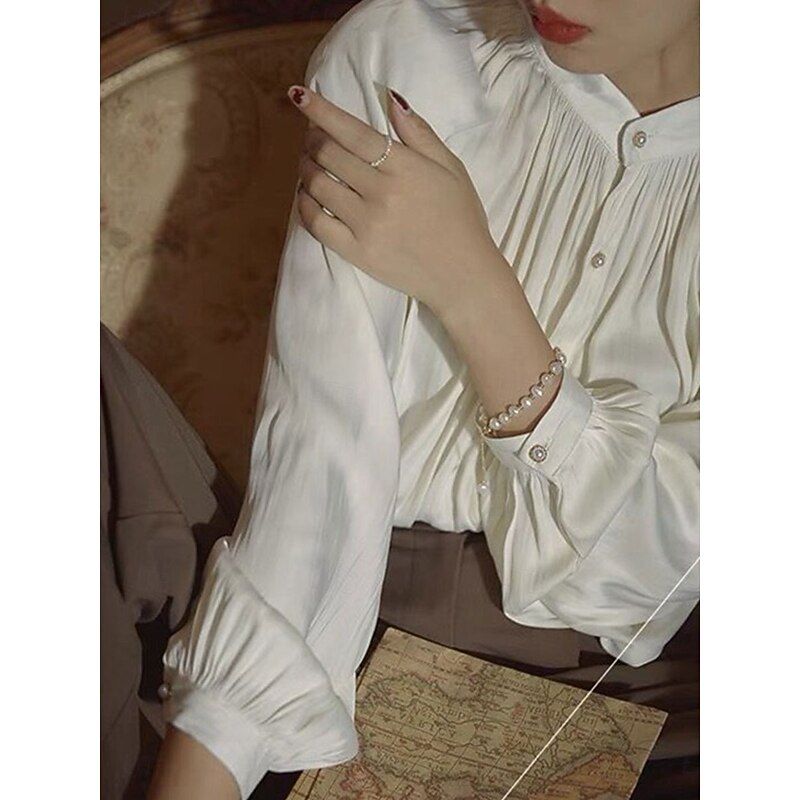 Women's Shirt Solid Color Elegant Stylish Casual Long Sleeve High Neck Regular Tops Work Daily Going out Black Blue Khaki Beige Summer Spring Fall4