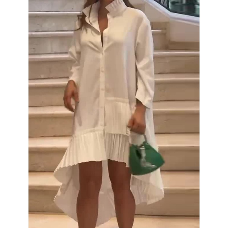 Women's White Dress Midi Dress Ruffle Patchwork Casual Stand Collar Long Sleeve Black White Color