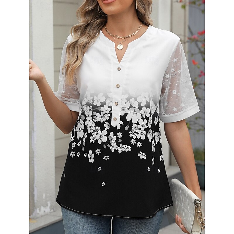 Women's Shirt Blouse Floral Casual Half Sleeve Notched Neck Regular Tops Daily Mesh Patchwork Buttons Black Wine Blue Summer