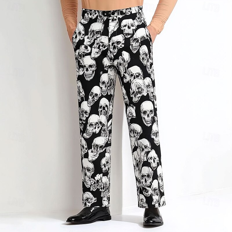 Men's Cool Skulls Trousers Dress Pants Mid Waist Casual Vintage Retro Holiday Streetwear Dads Day Gifts Flat-Front Straight Leg Trousers Summer Spring Fall 3D Print Black