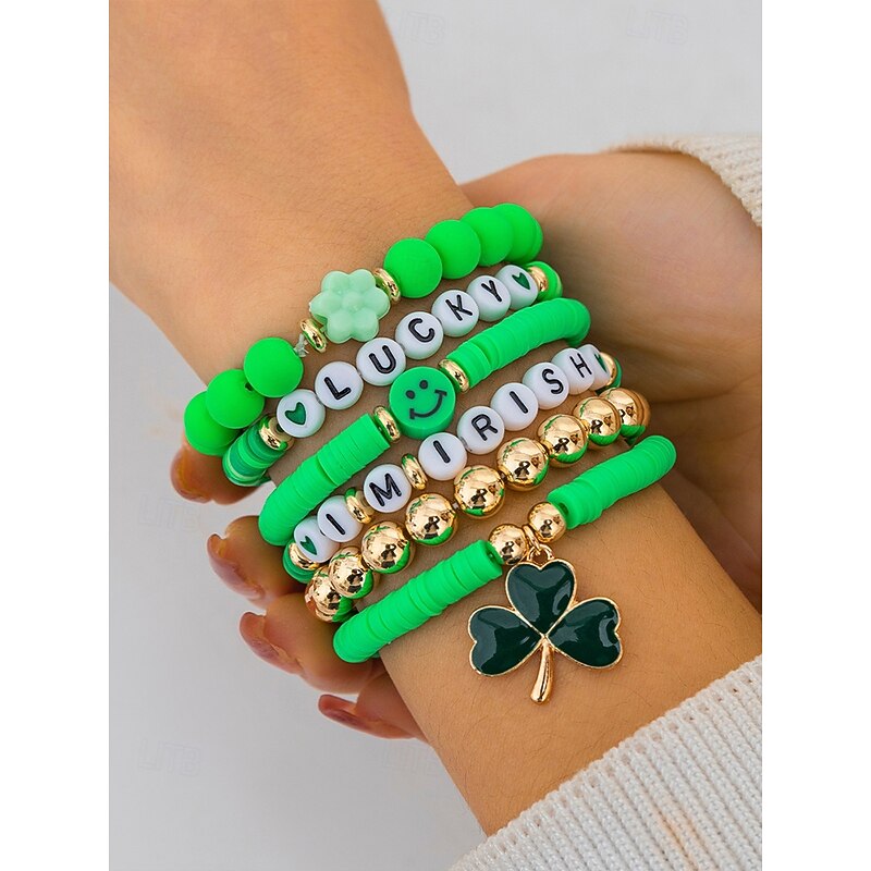 St. Patrick's Day Lucky Charm Bracelets – Irish Green Beaded Stretch Bracelet Set for Women, Festive Holiday Accessories with Shamrock and Letter Details2