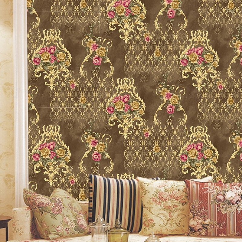 1 Roll 3D European Damask Non Self-adhesive Wallpaper Embossed Bedroom Headboard Living Room Background Wall Decoration Waterproof Wallpaper 950x53cm/374x20.87inch2