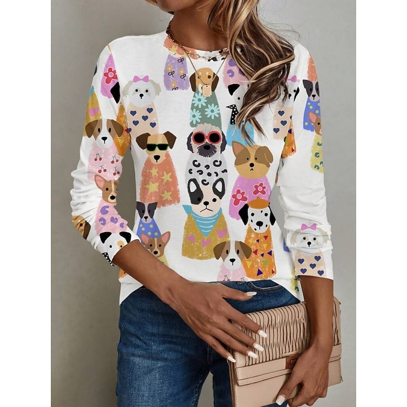 Women's T shirt Crew Neck Long Sleeve Tunic Cat Dog Casual  Regular Tops Daily Print White Spring Fall