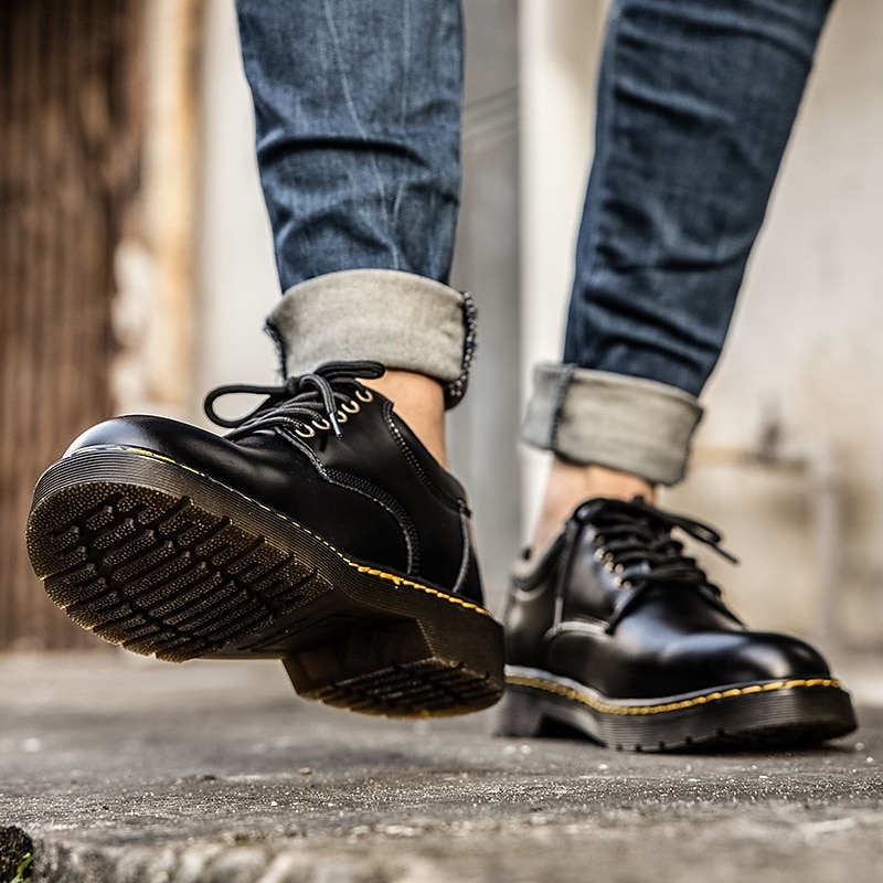 Men's Black Faux Leather Lace-Up Shoes with Yellow Stitching, Durable Casual Sneakers for Work and Everyday Wear4