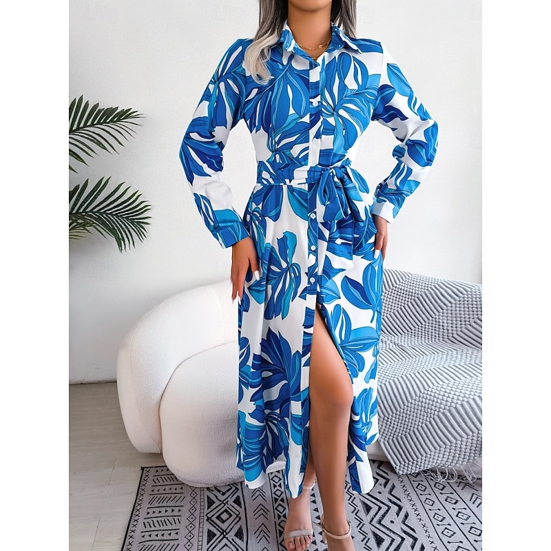 Women's Maxi Dress Shirt Dress Casual Dress A Line Dress Stylish Casual Vacation Daily Regular Fit Floral Long Sleeve Shirt Collar Blue Orange Spring Fall3