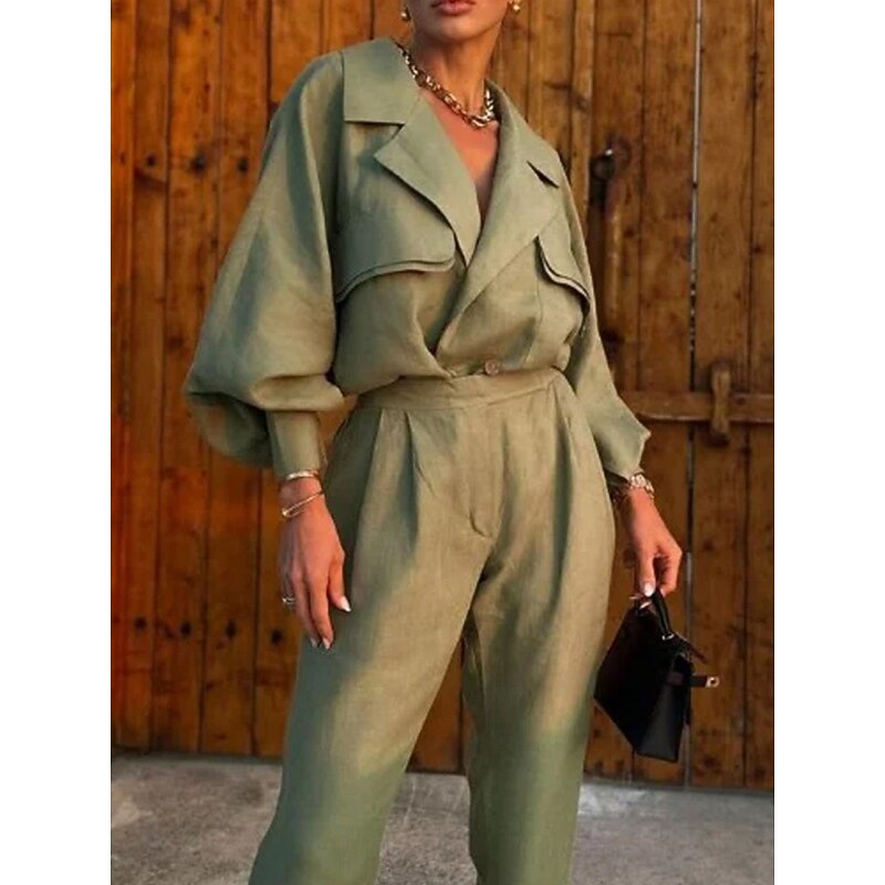 Women's Fashion Streetwear Daily Shirt Wide Leg Pants Long Sleeve Shirt Collar Plain Formal Office Green Fall Regular Fit2