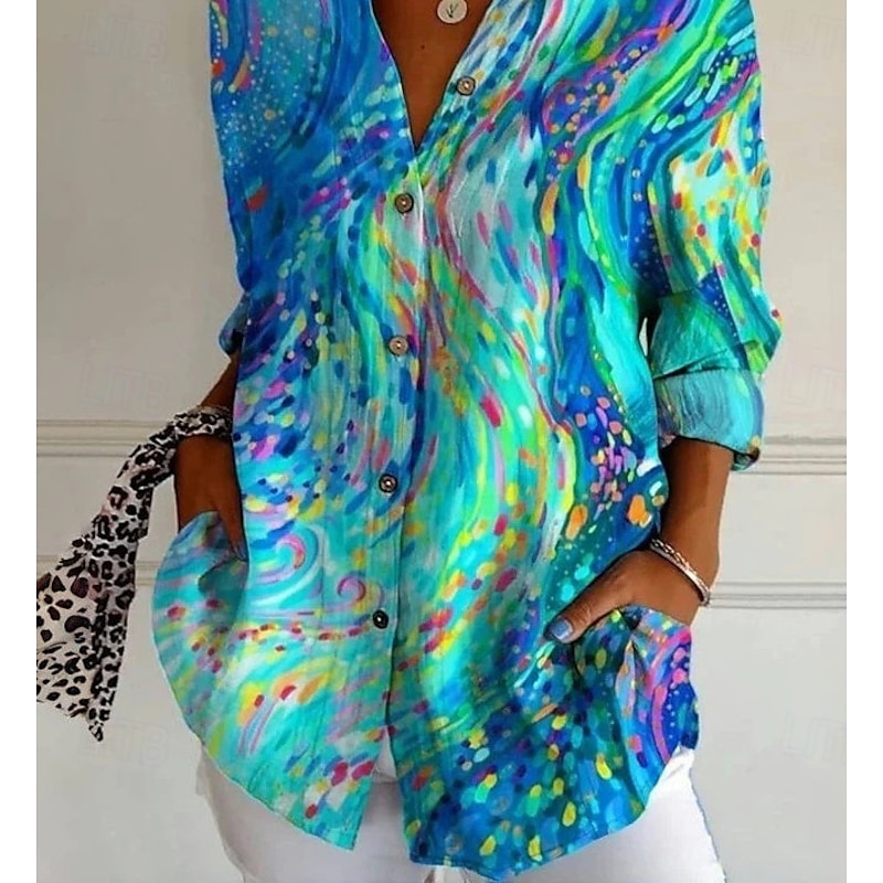 Women's Hawaiian Shirts Flowy Tops Vintage Casual Graphic Geometric Long Tops Long Sleeve Shirt Collar Patchwork Buttons Print Form Fit Vacation Work Daily Light Blue Summer Holiday Clothes2
