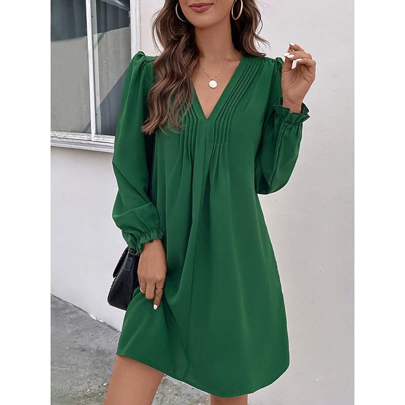 Women's Casual Dress Mini Dress Ruched Casual V Neck Long Sleeve Green Color