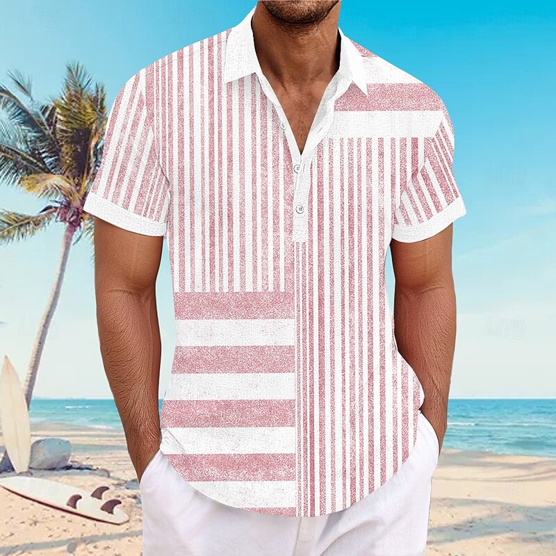 Men's Geometic Casual Shirt Button Up Shirt Short Sleeve Casual Causal Casual Summer Spring V Neck Buttons Pink Blue Green3