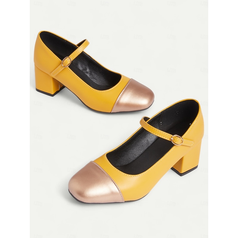 Women's Yellow Mary Jane Pumps with Metallic Toe Cap and Block Heels, Retro Style Comfortable Shoes for Office, Parties, and Casual Wear