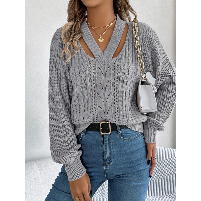 Women's Sweater Casual Soft Pure Color Ribbed V Neck Knitted Hole Long Sleeve Regular Tops Knit Outdoor Daily Weekend White Orange Fall Winter3
