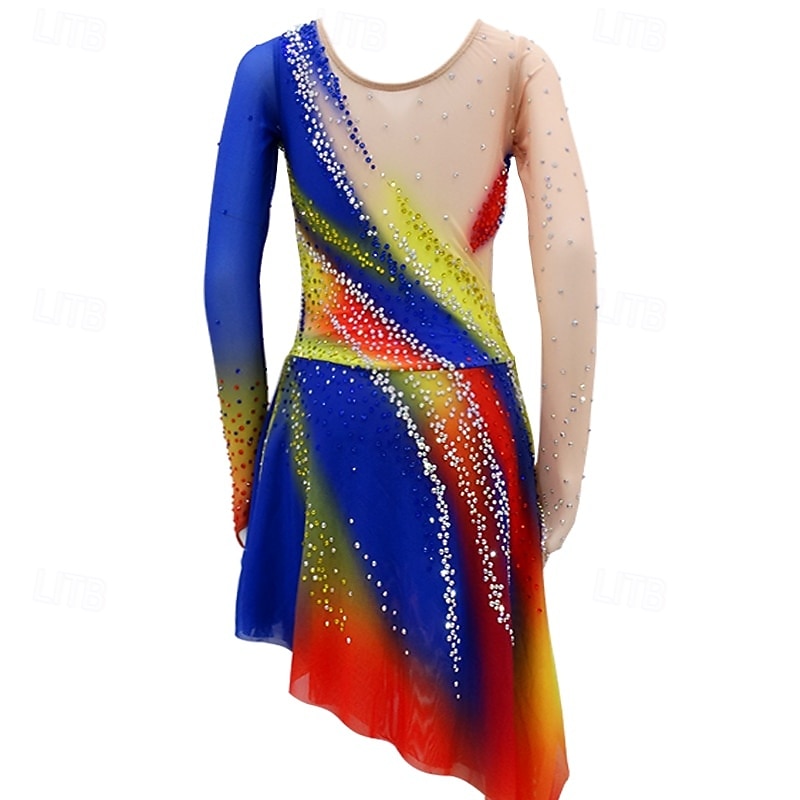 Figure Skating Dress Women's Girls' Ice Skating Dress Rainbow High Elasticity Training Competition Skating Wear Classic Crystal / Rhinestone Long Sleeve Ice Skating Figure Skating2
