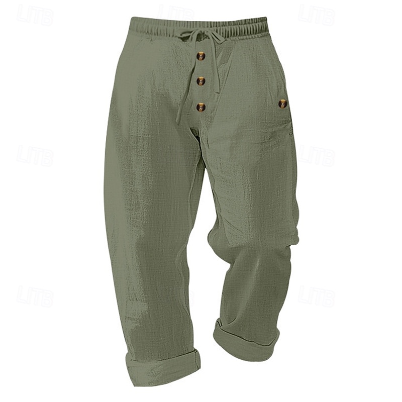 Men's Linen Pants Trousers Summer Pants Beach Pants Buttons Drawstring Elastic Waist Plain Comfort Breathable Full Length Casual Daily Holiday Fashion Classic Style Black White