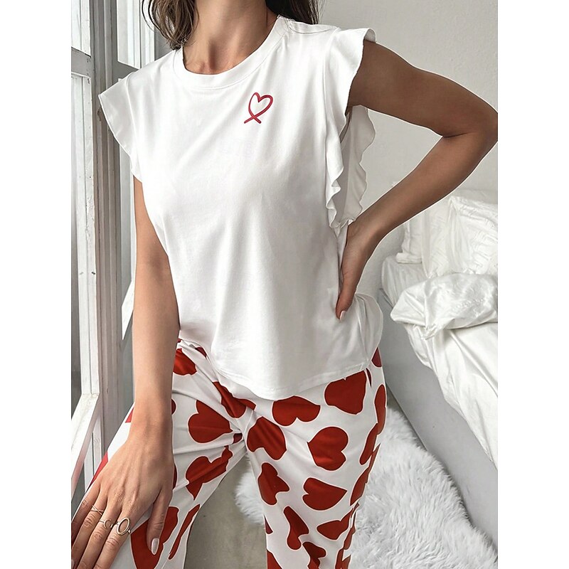 Women's Pajama Set Casual Comfort Heart Ruffle Elastic Waist Tank Top Pant Home Valentine's Day Daily Sleeveless Crew Neck Black Pink Red Summer Spring Fall Regular Fit2