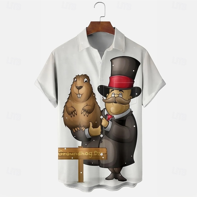 Groundhog Day Men's Animal Halloween Costumes Casual Shirt Button Up Shirt Short Sleeve Casual Causal Casual Summer Spring Turndown Button Up Pocket White