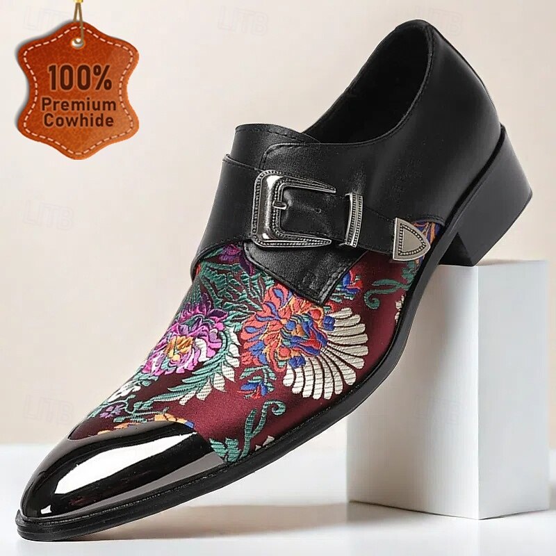 Men's Premium Cowhide Leather & Jacquard Fabric Floral Embroidered Monk Shoes with Metal Toe Cap, Stylish Formal Footwear with Buckle Detail, Perfect for Business, Parties, and Special Occasions
