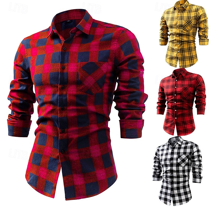 Men's Shirt Dress Shirt Button Up Shirt Plaid Wedding Party Dark Yellow White Dark Red Yellow Long Sleeve Lapel Spring &  Fall Clothing Apparel Pocket