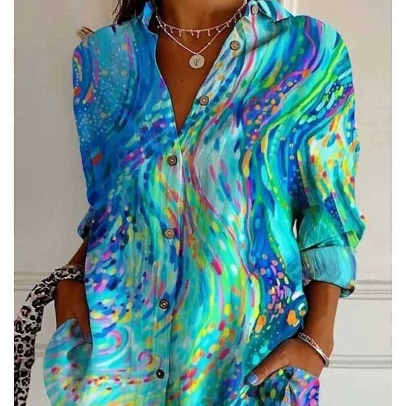 Women's Hawaiian Shirts Flowy Tops Vintage Casual Graphic Geometric Long Tops Long Sleeve Shirt Collar Patchwork Buttons Print Form Fit Vacation Work Daily Light Blue Summer Holiday Clothes3