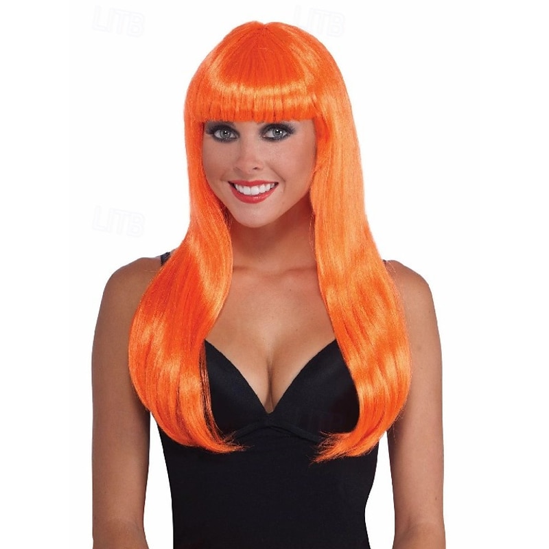 Adult Long Neon Orange Wig with Bangs for Carnival Fancy Dress Wigs for Women Party Costume Accessory