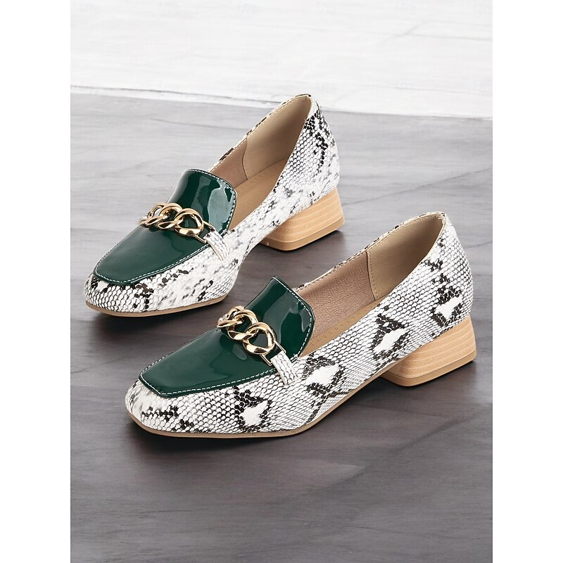 Women's Green Patent Leather Loafers with Snake Print and Gold Chain, Chunky Heel, Stylish and Comfortable Shoes for Work Wear3