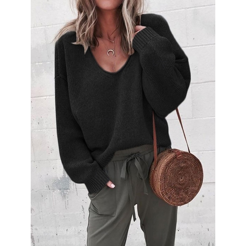 Women's Sweater Casual Soft Pure Color Ribbed V Neck Knitted Long Sleeve Regular Tops Knit Outdoor Daily Weekend Black Khaki Fall Winter2