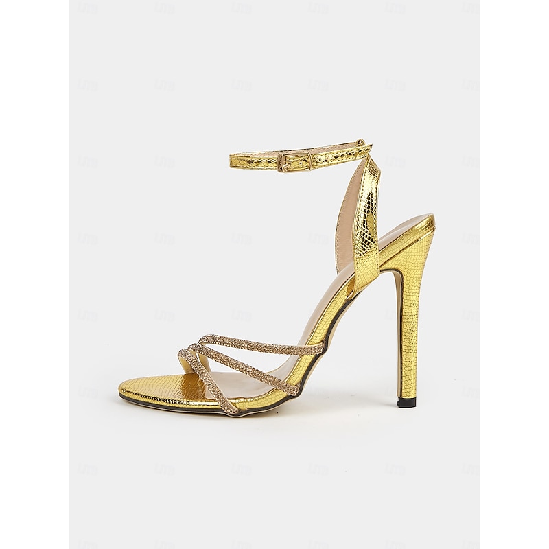 Gold Rhinestone-Embellished Open-Toe Stiletto Sandals for Women with Strappy Design - Perfect for Weddings or Evening Events4
