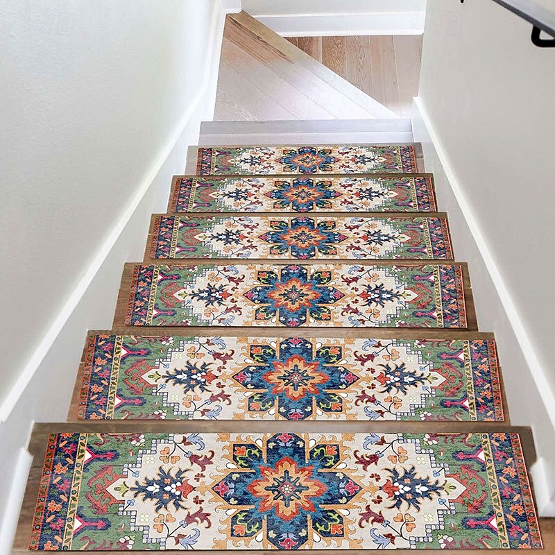 Step Tread Carpet Boho Style Non-Slip Carpet Stair Treads for Kids Elders and Pets Ethnic Design Stair Tread Mats W20*L76cm