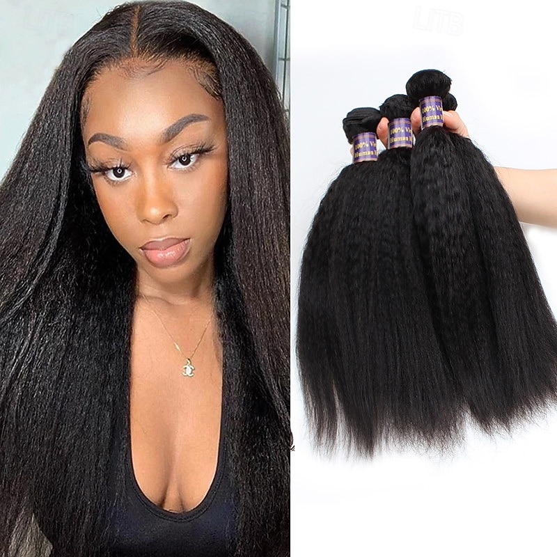 3 Bundles Hair Weaves Brazilian Hair Yaki Straight  Human Hair Extensions 8-28 Inch