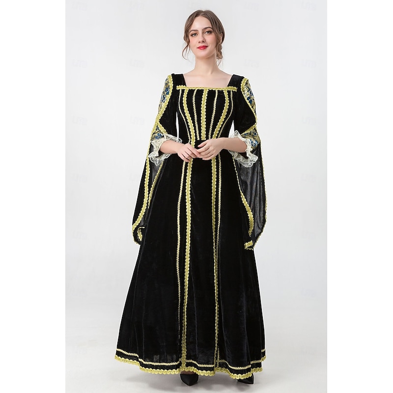 Medieval Renaissance Vintage Dress Maxi Dress Bell Sleeve Queen Viking Solid Color Square Neck Fancy Dress Women's Royal Halloween Carnival Masquerade Prom Festival Adults' Dress Spring Fall4