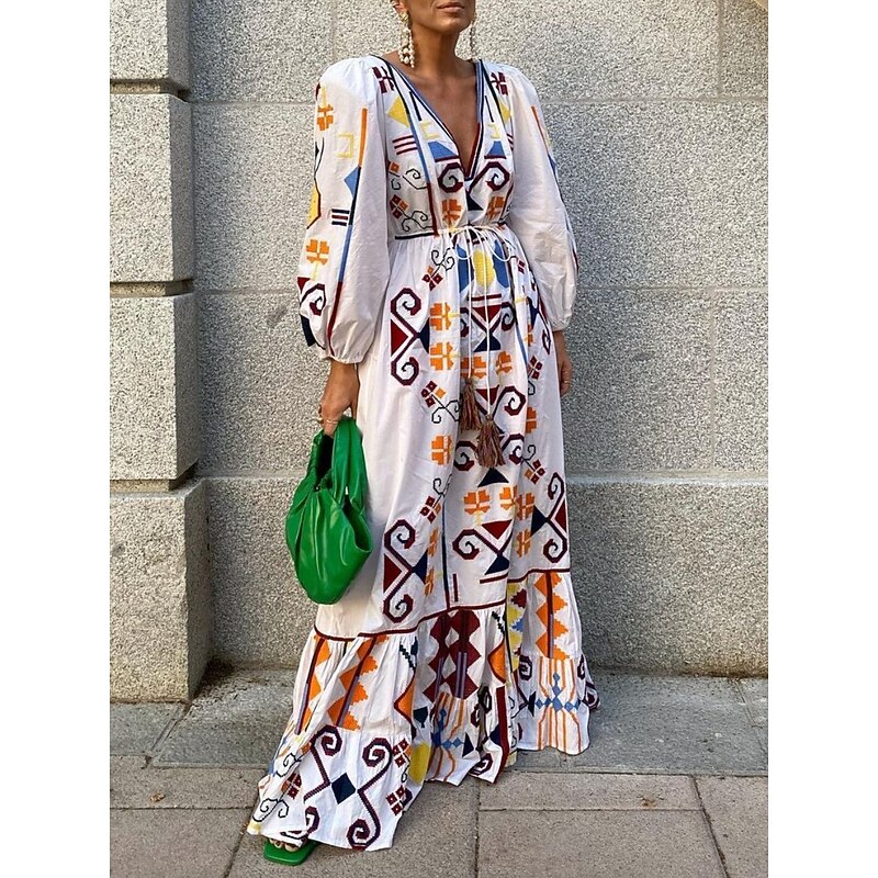 Women's Maxi Dress Casual Dress A Line Dress Boho Dress Vintage Casual Vacation Daily Regular Fit Geometric Long Sleeve V Neck White Spring Fall3