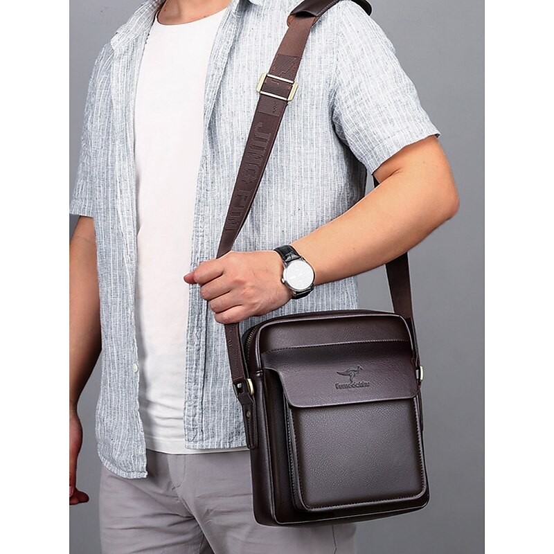 Men's Brown Black Faux Leather Crossbody Bag with Adjustable Shoulder Strap - Stylish and Practical Shoulder Bag, Messenger Bag for Work, Travel and Daily Use3
