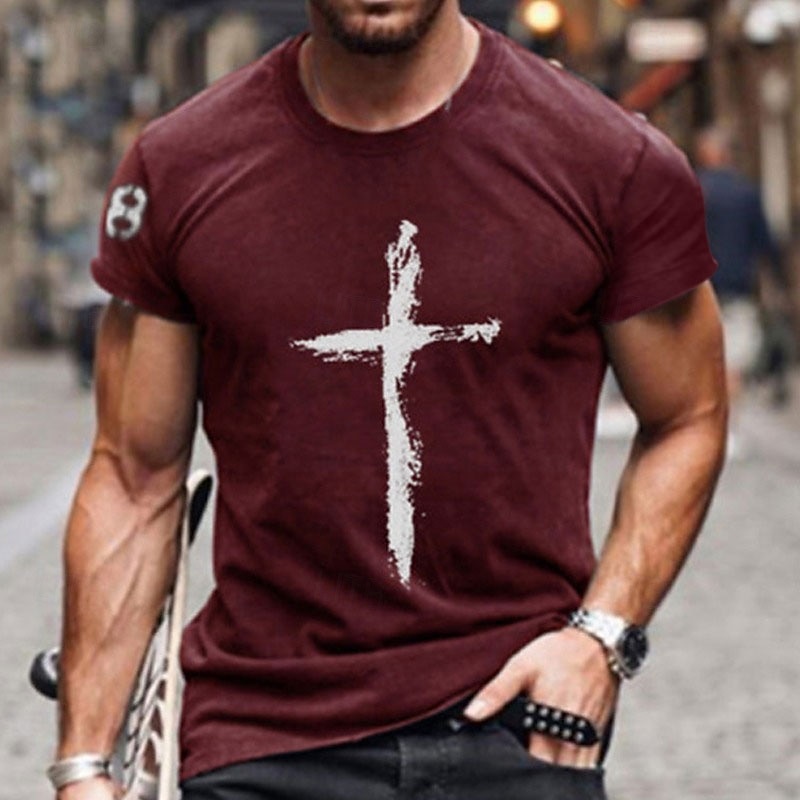 Men's Cross T Shirt Distressed T Shirt Short Sleeve T shirt Crew Neck Shirt Vintage Designer Basic Casual Daily Weekend Red Blue Dark Gray Summer Clothing Apparel Plus Size S M L XL XXL 3XL 4XL3