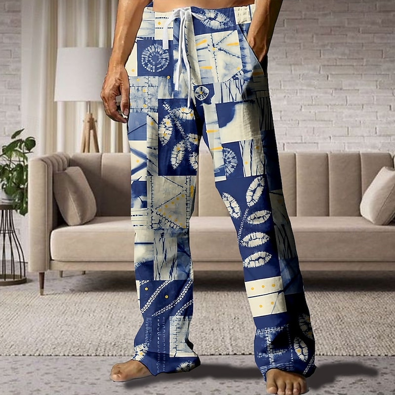Men's Tie Dye Hawaiian Tropical Pants Trousers Casual Pants Mid Waist Drawstring Elastic Waist Vintage Retro Outdoor Vacation Holiday Straight Leg Trousers Summer Spring 3D Print Navy Blue Brown