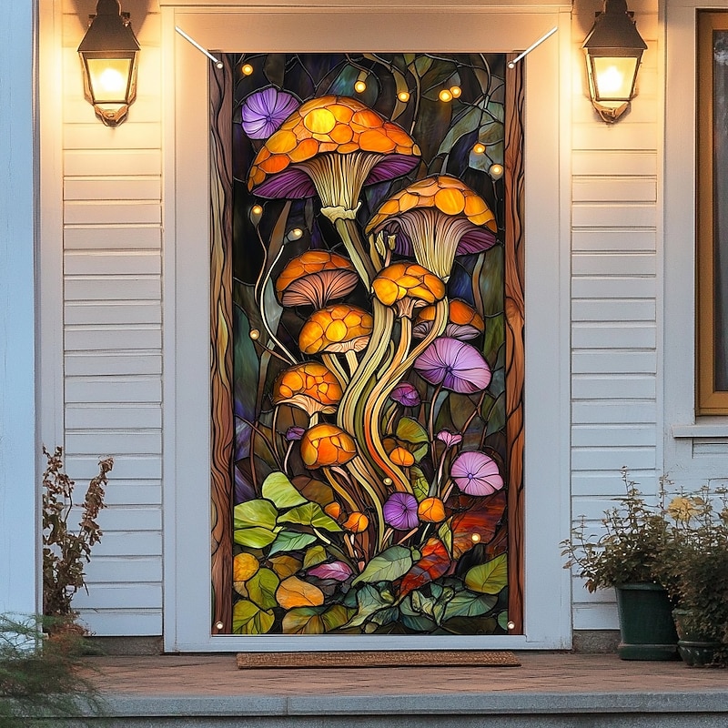 Stained Glass Effect Door Decorations Door Covers Mushrooms Door Tapestry Door Curtain Decoration Backdrop Indoor/Outdoor Door Banner for Front Door Farmhouse3