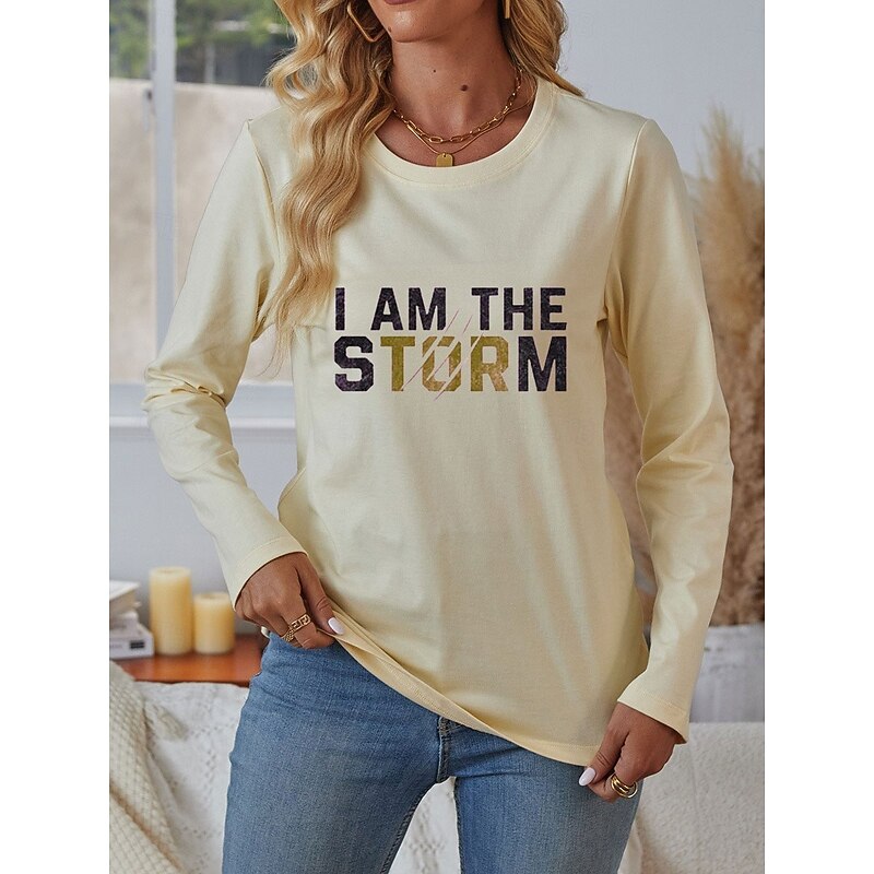 Women's 100% Cotton T Shirt Casual Letter Regular Tops Long Sleeve Round Neck Print Regular Fit Daily Weekend Blue Beige Fall Winter