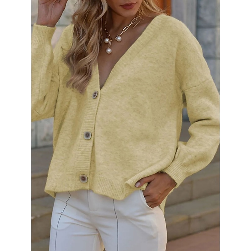 Women's Sweater Cardigan Elegant Fashion Streetwear Pure Color V Neck Buttons Knitted Long Sleeve Regular Tops Knit Outdoor Daily Holiday Yellow Pink Fall Winter4