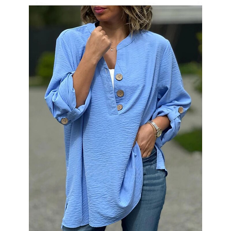 Women's Shirt Blouse Solid Color Basic Casual Long Sleeve Crew Neck Regular Tops Daily Patchwork Buttons Yellow Pink Blue Fall Winter3