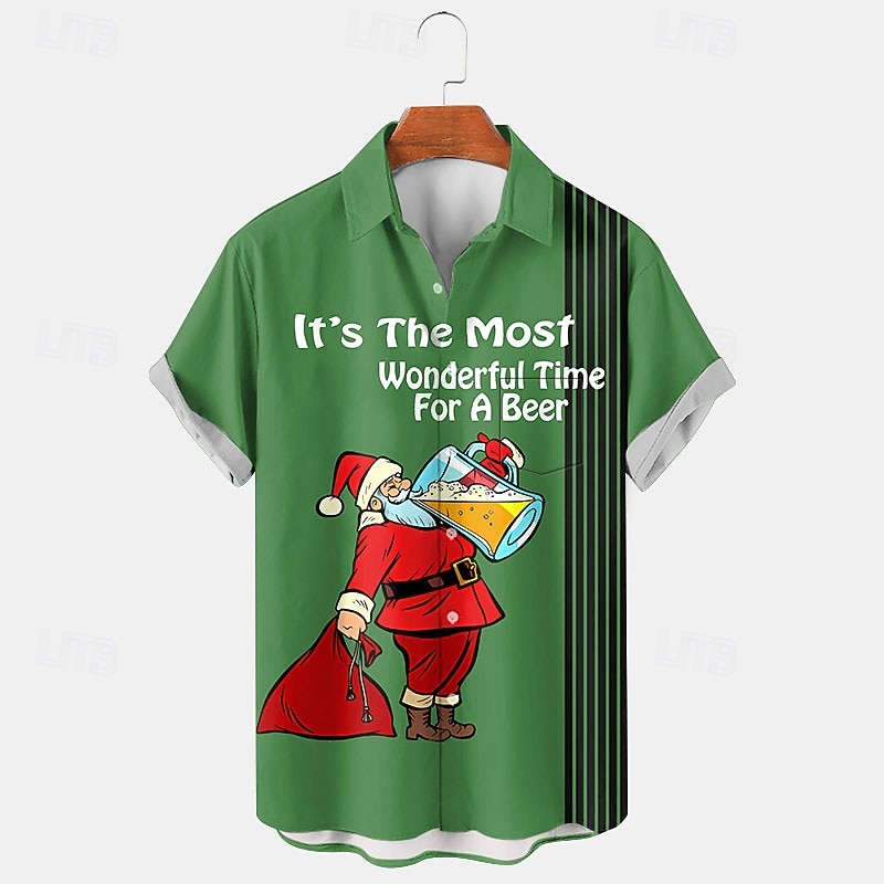 Christmas Men's Funny Christmas Printed Shirts Santa Claus Beer Casual Daily Wear Going out Weekend Autumn / Fall Turndown Short Sleeves Black, Red, Navy Blue S, M, L 4-Way Stretch Fabric Christmas3